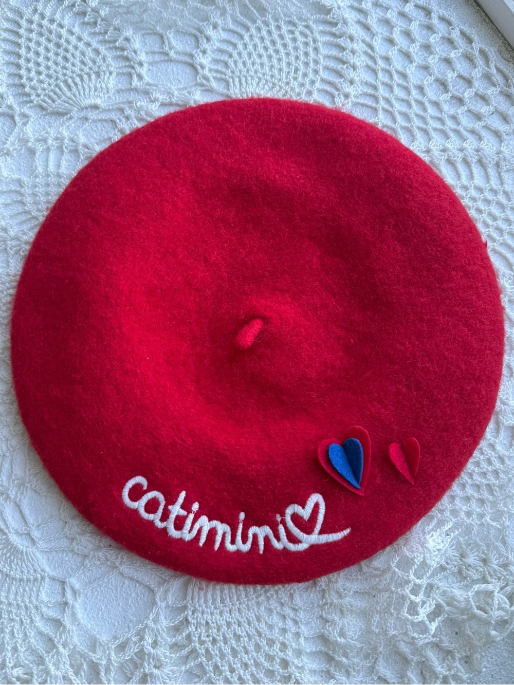 Catimini Red Wool Beret NWT French Designer Heart Applique Ribbon Trim 54cm